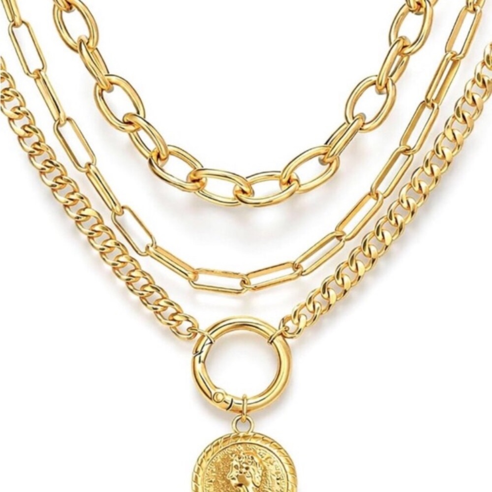 Vintage 24k Gold  Plated Layered Necklace Trendy Chunky Cuban Link Paperclip Cha - Picture 11 of 11